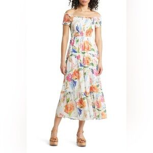 NWT! Sam Edelman Tossed Floral Off The Shoulder Maxi Dress 8 Tropical Vacation